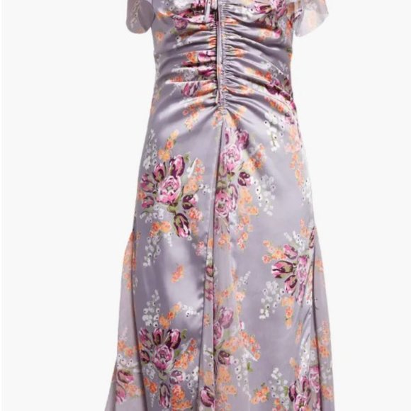 CINQ À SEPT Terrence Floral Print Ruched Flutter Sleeve Midi Dress Size 10 - Picture 8 of 9